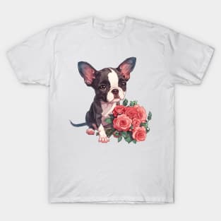 Valentine Boston Terrier Dog Giving Flowers T-Shirt